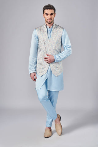 Blue all over printed angular cut bundi with metallic zipper detail