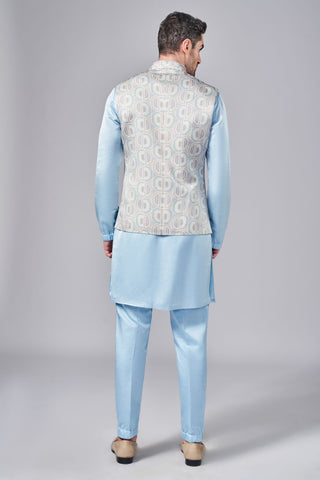 Blue all over printed angular cut bundi with metallic zipper detail