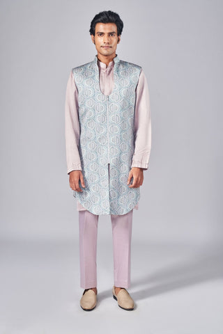 Pink all over printed bundi with metallic zipper detail