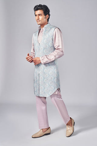 Pink all over printed bundi with metallic zipper detail