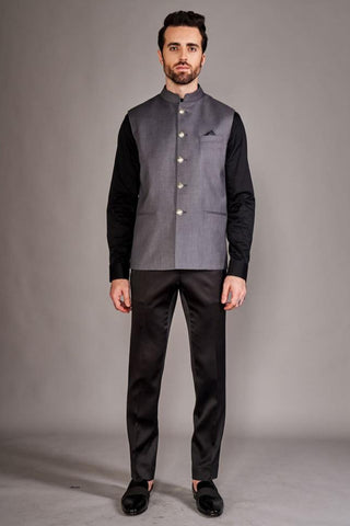 Light gray classic bundi with black chinese collar shirt