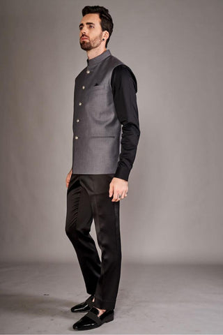 Light gray classic bundi with black chinese collar shirt