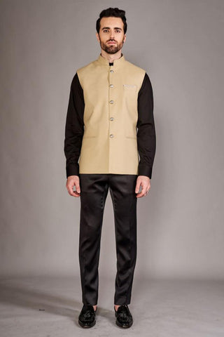 Beige classic bundi with black chinese collar shirt