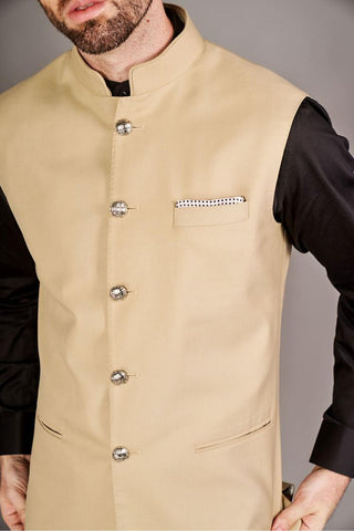 Beige classic bundi with black chinese collar shirt