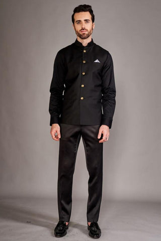 Black classic bundi with black chinese collar shirt