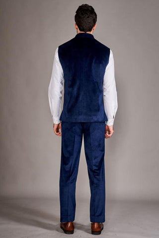 Navy blue velvet bundi with white chinese collar shirt