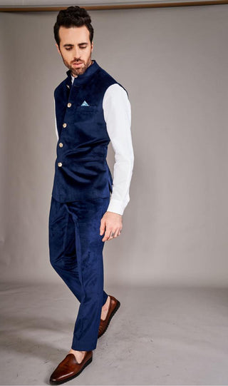 Navy blue velvet bundi with white chinese collar shirt