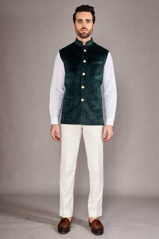 Forest green velvet bundi with white chinese collar shirt