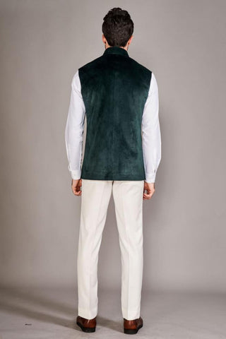 Forest green velvet bundi with white chinese collar shirt