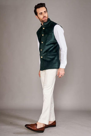 Forest green velvet bundi with white chinese collar shirt