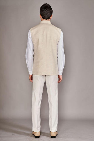 Light beige linen bundi with white chinese collar shirt