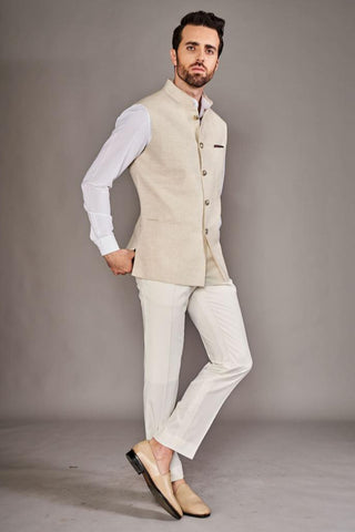 Light beige linen bundi with white chinese collar shirt