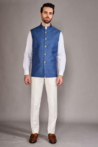 Teal blue linen bundi with white chinese collar shirt