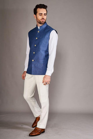 Teal blue linen bundi with white chinese collar shirt