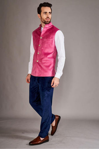 Baby pink velvet classic bundi with white chinese collar shirt