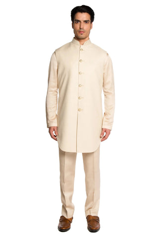 Beige jacquard bucket cut long bundi set