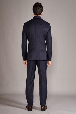 Navy blue pinstripe bandhgala suit