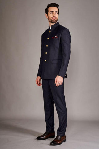 Navy blue pinstripe bandhgala suit