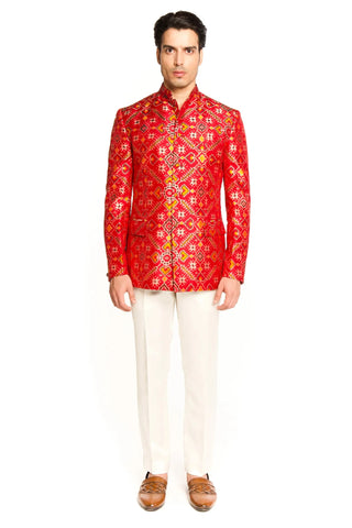 Red patola bandgala suit