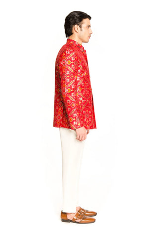 Red patola bandgala suit