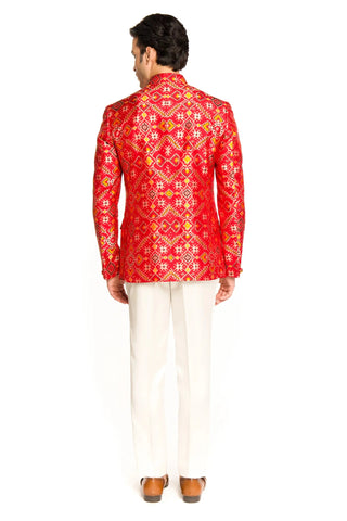 Red patola bandgala suit