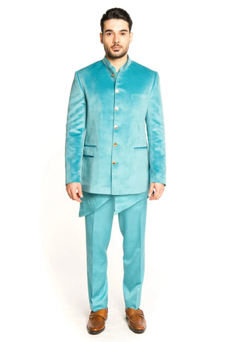 Blue velvet classic bandhgala suit