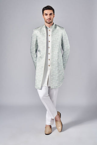 Ivory all over printed open fuison jacket with metallic button