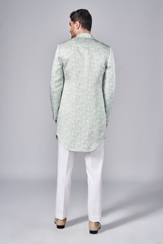 Ivory all over printed open fuison jacket with metallic button