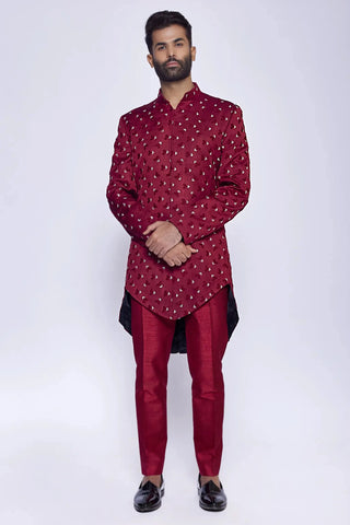 Maroon broken arrow embroidered saddle cut fusion jacket