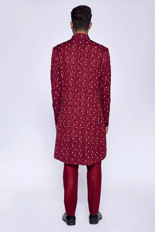 Maroon broken arrow embroidered saddle cut fusion jacket