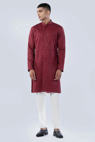 Maroon threadwork front opening kurta