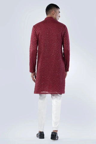 Maroon threadwork front opening kurta