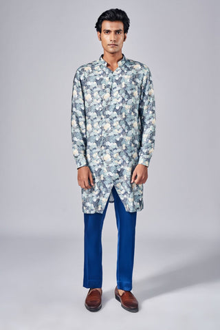 Blue all over printed asymmetrical cut kurta with printed potli buttons