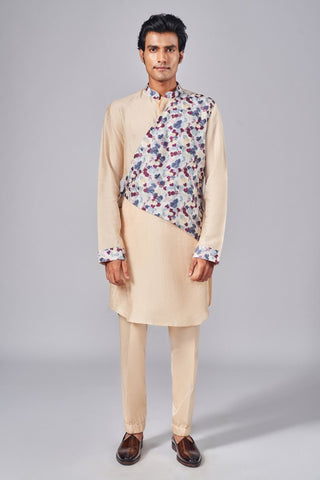 Beige printed over lap kurta with tie up