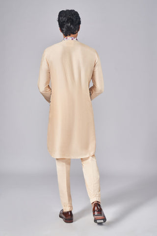 Beige printed over lap kurta with tie up