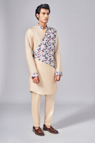 Beige printed over lap kurta with tie up