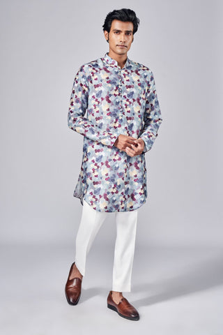 Gray all over printed kurta with printed potli buttons