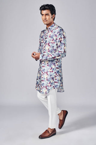 Gray all over printed kurta with printed potli buttons