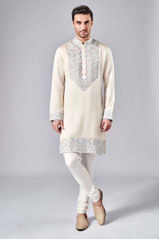 Beige thread embroidered kurta