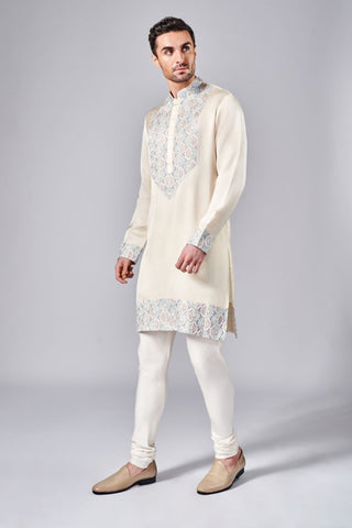 Beige thread embroidered kurta