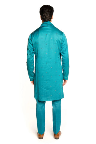 Blue all over frenchknot salli embroidered kurta set with shawl