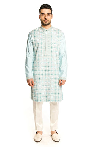 Blue mirror thread work embroidered kurta set