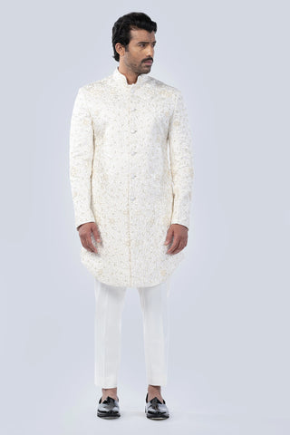 Ivory salli and frenchknot embroidered bucket cut sherwani