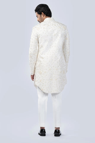 Ivory salli and frenchknot embroidered bucket cut sherwani