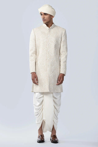 Ivory thread work and champagne frenchknot embroidered sherwani