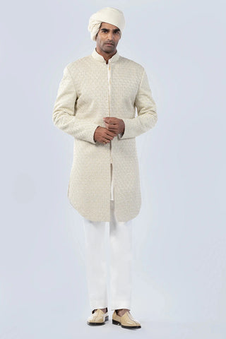 Ivory scalap bead and frenchknot embroidered bucket cut sherwani