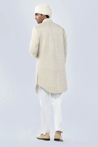 Ivory scalap bead and frenchknot embroidered bucket cut sherwani