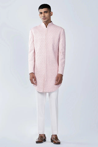 Pink salli threadwork embroidered bucket cut sherwani