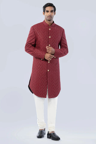 Maroon frenchknot and sequins embellishment embroidered sherwani