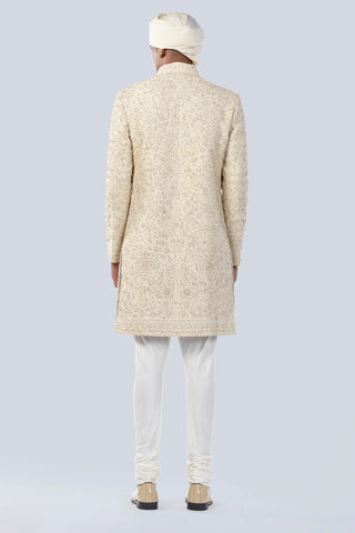 Beige all over thread work and zardozi embroidered open sherwani